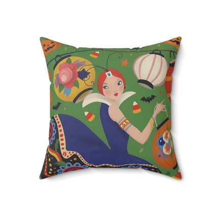 🏮🎃 The Lady Of Halloween Lanterns Square Pillow – Colorful Art Deco Halloween Charm