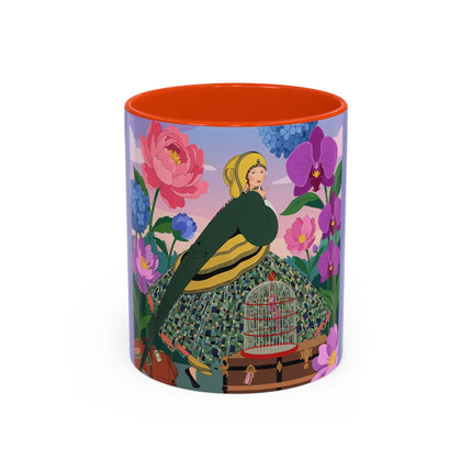 The Lady And The Crimson Birdcage Colorful Mugs – Art Deco Tropical Garden Elegance