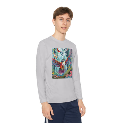 A Colorful Raptor Youth Long Sleeve Competitor Tee – Dino Adventure & Forest Wonder