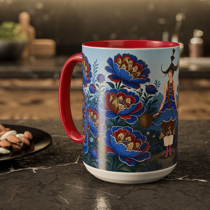 💙🌺 The Sapphire Blossom Garden Dancer Colorful Mug – Art Deco Fashion Fantasy