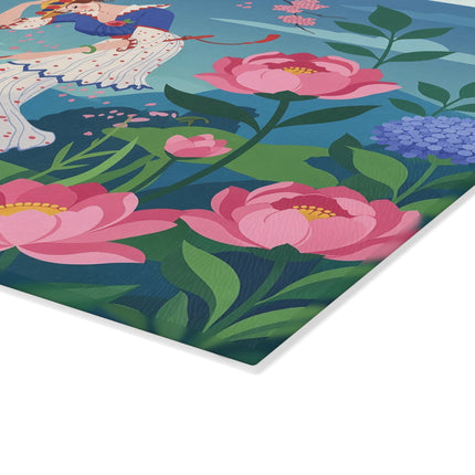 🌸☂️ The Lady Of The Falling Cherry Blossoms Glass Cutting Board – Art Deco Garden Fantasy