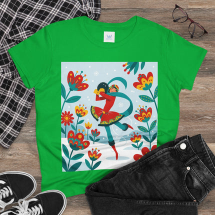 ⛸️🌺 The Winter Flower Skater Cotton Tee – Whimsical Winter Fashion