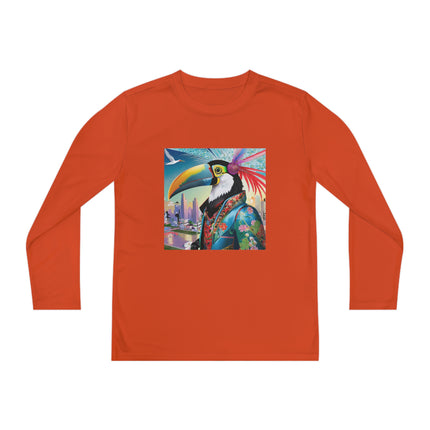 Cyber Toucan Chic Youth Long Sleeve Competitor Tee – Neon Feathers & Futuristic Style
