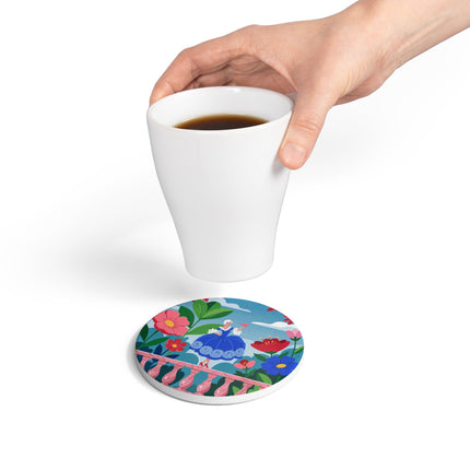 🌺🪭 The Lady Of The Grand Flower Terrace Ceramic Coaster – Art Deco Garden Elegance