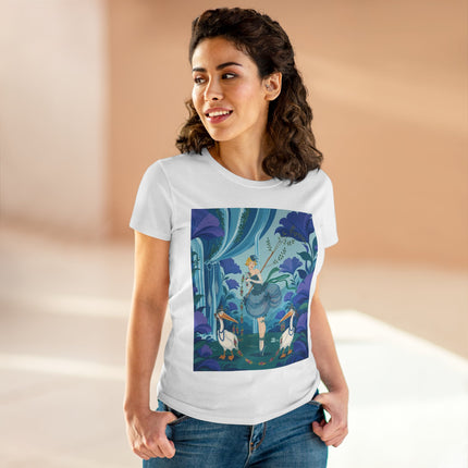 🪶🌺 The Pelican Garden Dance Cotton Tee – Art Deco Botanical Whimsy