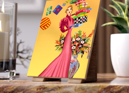 Elegant Holiday Woman with Gifts Ceramic Tile
