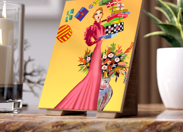 Elegant Holiday Woman with Gifts Ceramic Tile