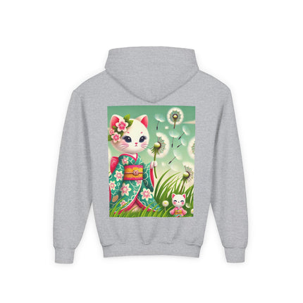 Geisha Kitten and the Dandelion Wish Youth Hooded Sweatshirt – Soft Dreams & Gentle Wonder