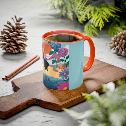 The Lady Of The Coral Parasol Colorful Mugs – Art Deco Coastal Elegance
