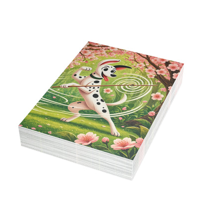 🌸🐕 The Cherry Blossom Staff Dancer Greeting Card – Whimsical Garden Adventure