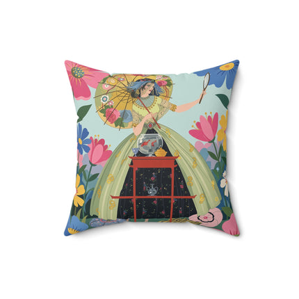 🌸🪞 The Lady Of The Floral Parasol Square Pillow – Art Deco Garden Whimsy