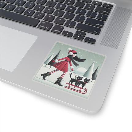 Red Sled & Curious Cats Kiss-Cut Stickers (4 Sizes)