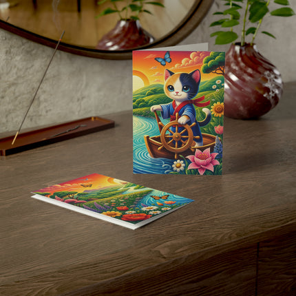 🌅🐱 The Sunset River Sailor Kitten Greeting Card – Whimsical Floral Adventure