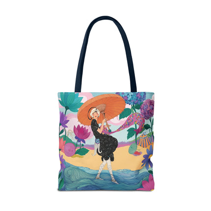 ☂️🌺 The Lady Of The Seaside Parasol Tote Bag – Art Deco Floral Fashion