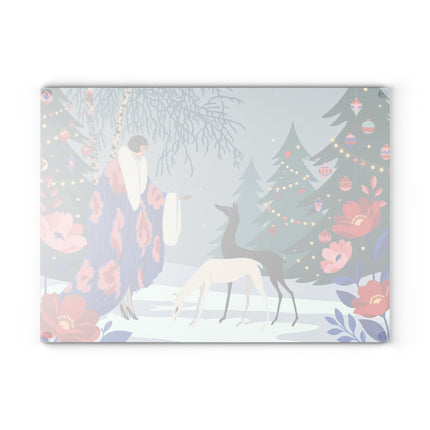 🦌🌲 The Lady Of The Christmas Forest Glass Cutting Board – Art Deco Holiday Elegance