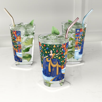 👑🎄 The Christmas Queen Of Golden Bells Pint Glass – Art Deco Holiday Elegance