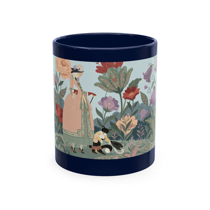 🐈🥾 The Lady & Puss In Boots In The Flower Garden Ceramic Mug – Art Deco Storybook Whimsy