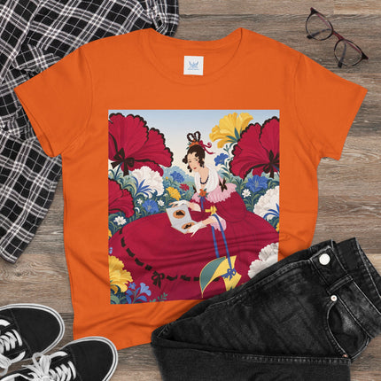❤️🌺 The Scarlet Garden Storybook Cotton Tee – Art Deco Floral Elegance