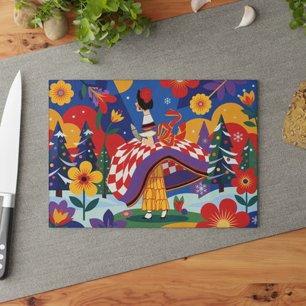 🌈❄️ The Lady Of The Kaleidoscope Snow Glass Cutting Board – Art Deco Holiday Fantasy