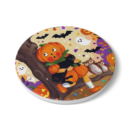 🎃🐈‍⬛ The Pumpkin Child’s Halloween Parade Ceramic Coaster – Whimsical Storybook Charm