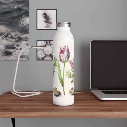 Tulip, Branches of Myrtle, and Shells by Maria Sibylla Merian Slim Water Bottle
