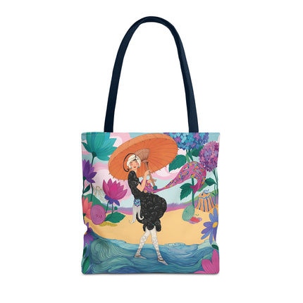 ☂️🌺 The Lady Of The Seaside Parasol Tote Bag – Art Deco Floral Fashion