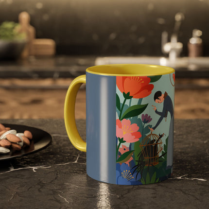 The Lady And The Mysterious Bird Colorful Mugs – Art Deco Botanical Mystery