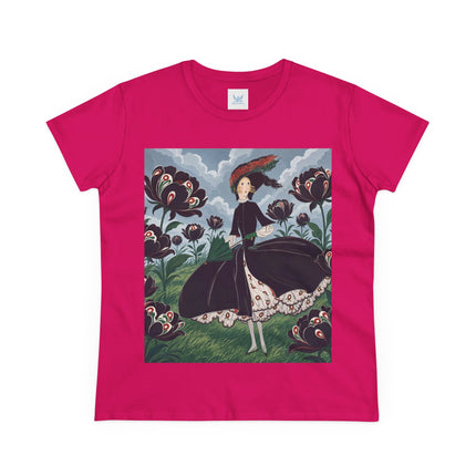 ❤️🌺 The Scarlet Parasol Garden Cotton Tee – Art Deco Floral Elegance