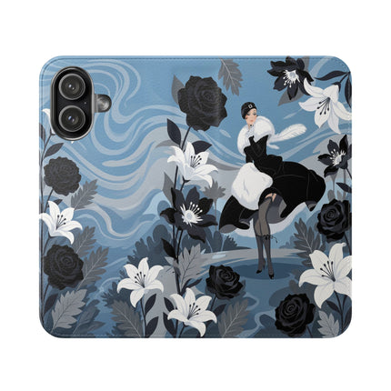 🖤🤍 The Lady Of The Black Rose Garden Flip Case – Art Deco Floral Elegance