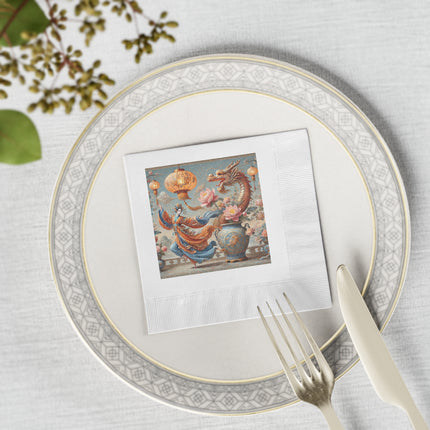 Golden Dragon & Lantern Lady White Coined Napkins – Imperial Dragon & Elegant Harmony