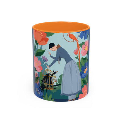 The Lady And The Mysterious Bird Colorful Mugs – Art Deco Botanical Mystery