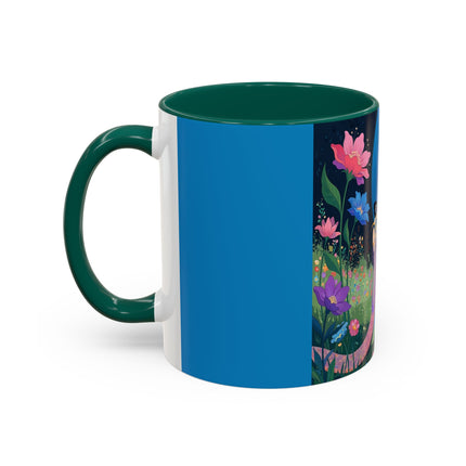 The Lady And The Moonlit Peak Colorful Mugs – Art Deco Alpine Garden Elegance