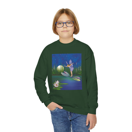 Fairy on a Dragonfly Youth Crewneck Sweatshirt – Enchanting Moonlit Fantasy