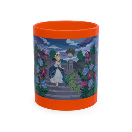 🦚🌸 The Lady & The Peacock On The Garden Steps Ceramic Mug – Art Deco Garden Elegance
