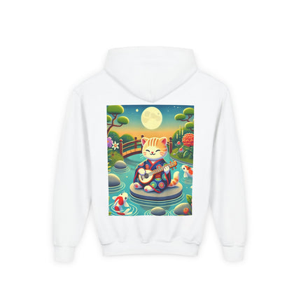 Melodic Kitten by the Koi Pond Youth Hooded Sweatshirt – Peaceful Harmony & Playful Music