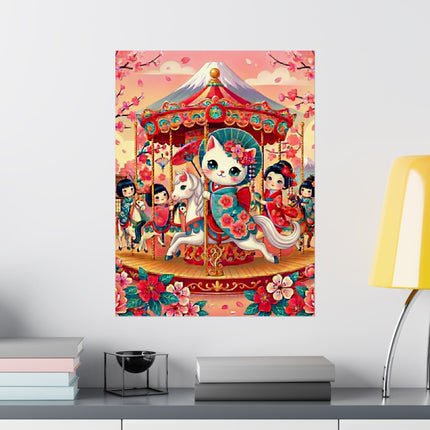 🎠🌸 Geisha Kitten's Enchanted Carousel Ride Matte Vertical Poster – Whimsical Dreams & Cherry Blossom Magic