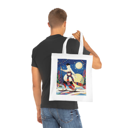 🎿🌙 The Moonlit Christmas Skier Cotton Tote Bag – Art Deco Holiday Adventure