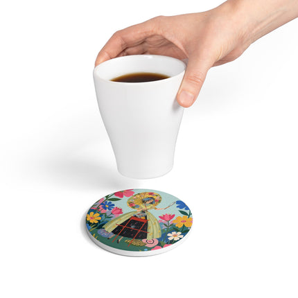 🌸🪞 The Floral Parasol Reflection Ceramic Coaster – Art Deco Garden Fantasy