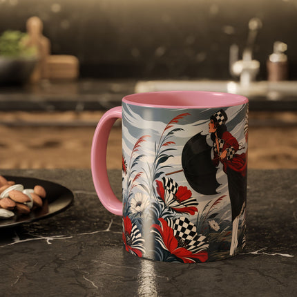 ☔🌹 The Scarlet Checkerboard Rainstorm Colorful Mug – Art Deco Floral Elegance