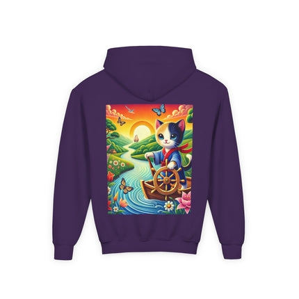Sailor Kitten’s River Adventure Youth Hooded Sweatshirt – Playful Journey & Colorful Discovery