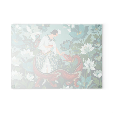 🐉🌿 The Lady And The Crimson Dragon Glass Cutting Board – Art Deco Garden Fantasy