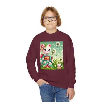 Geisha Kitten and the Dandelion Wish Youth Crewneck Sweatshirt – Gentle Magic, Dreams & Quiet Beauty