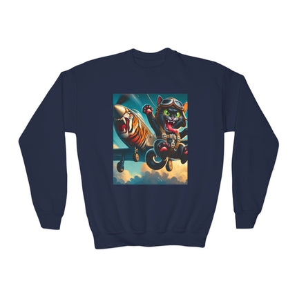 Parachuting Cat Commando Youth Crewneck Sweatshirt – High-Flying Adventure & Bold Fun