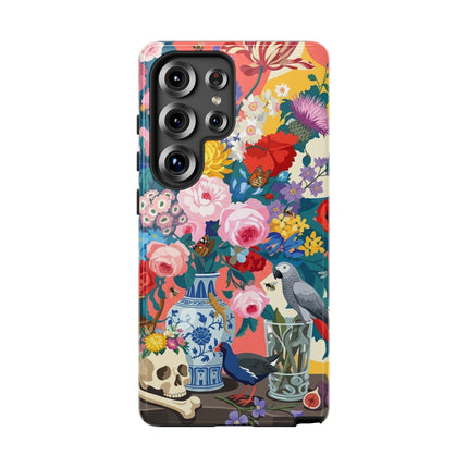 Floral Vanitas Phone Case – Parrot & Porcelain Splendor