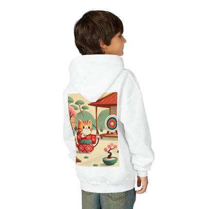 Archer Kitten in the Zen Garden Youth Hooded Sweatshirt – Calm Focus & Playful Strength