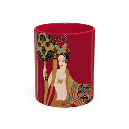 Butterfly Empress of the Crimson Pavilion Colorful Mug (11oz, 15oz) – Art Deco Beauty, Butterfly Elegance & Ornamental Style