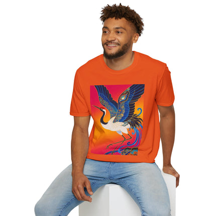 🪽🌅 The Celestial Crane Softstyle T-Shirt – Art Deco Wings Of Elegance