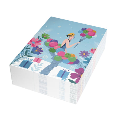 🎈❄️ The Lady Of The Winter Balloons Greeting Card – Art Deco Holiday Whimsy