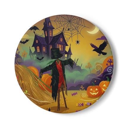 🌙🎃 The Scarecrow Of Haunted Hollow Ceramic Coaster – Whimsical Halloween Mystery
