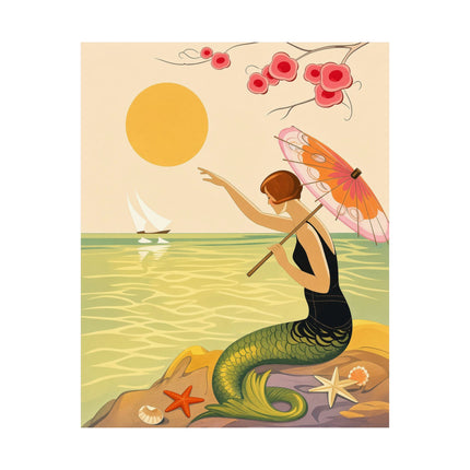 🧜‍♀️🌸 The Lady Of The Seaside Parasol Matte Vertical Poster – Art Deco Mermaid Fantasy